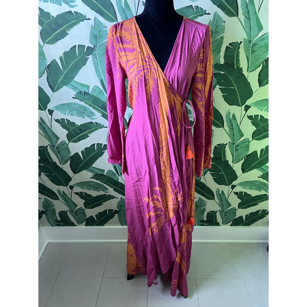 Maaji Tropical Palm Print Wrap Maxi Dress Women Small Pink Orange